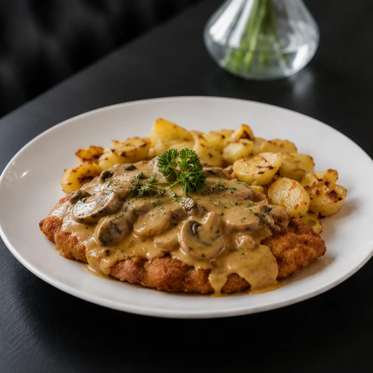 Jägerschnitzel mit Champignonrahmsauce und Bratkartoffeln auf weißem Teller im Gasthaus zur Börse Celle
